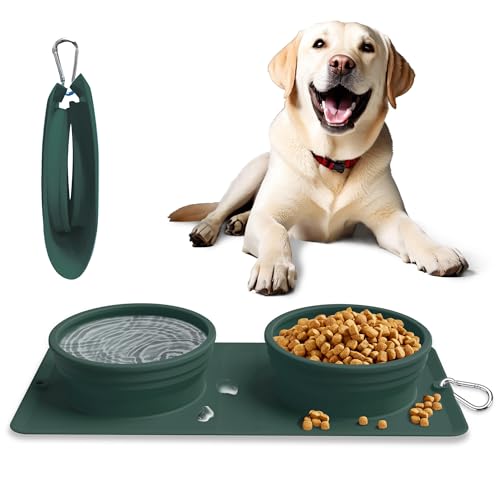 Collapsible Portable 2-in-1 Dog Bowl, Travel Dog Bowl Integrated, Silicone Foldable Expandable Food Water Bowl with Carabiner - Anti-Spill and Anti-Skid - for Camping/Traveling LPFLASAT (Dark Green)