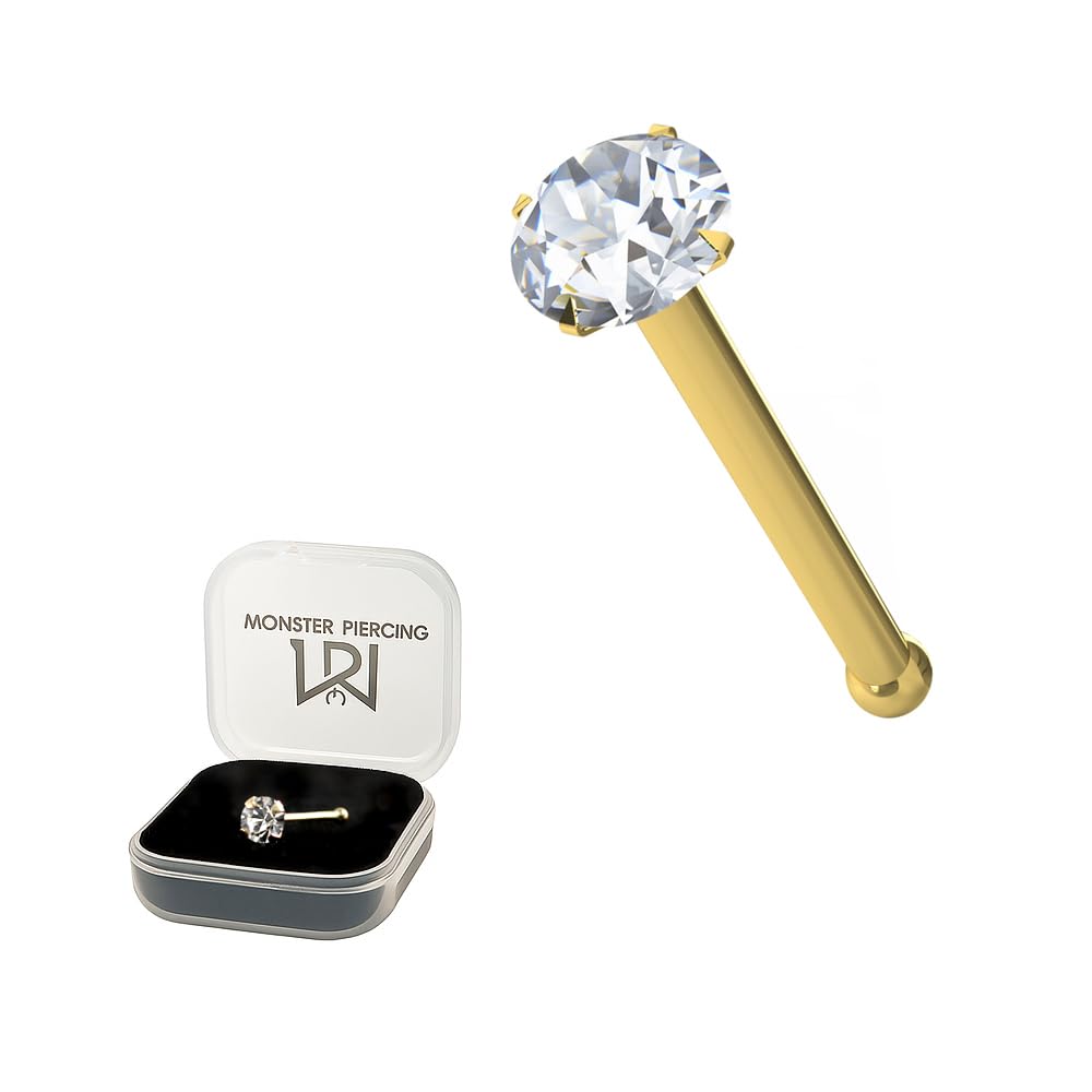 Monster Piercing - 14K Gold Echtgold | Nasenpiercing Nasenstecker Stud | Kristallstein | Stabstärke: 22G (0,6 mm) | Stablänge: 6mm | Steingröße: 1,5mm bis 2,5mm | Hypoallergen