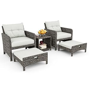 Pamapic Outdoor Furniture 5 Piece Patio Conversation Set, Wicker Rattan Patio Set with Soft Cushions & Coffee Table, Balcony Furniturefor with 2 Ottoman for Porch, Garden, Lawn (Grey)