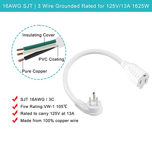 [2 Pack] Flat Plug Short Power Extension Cord - 8Inch Low Profile Flat Plug 3 Prong Grounded Indoor Extension Cord, Rated For 13Amp,16Awg Heavy Duty White Electrical Extension Cord With Flat Head #TOP7