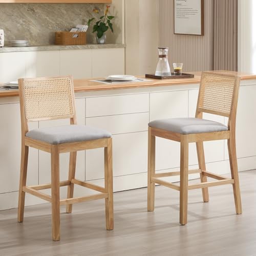 Image of Rattan Counter Height Bar Stools, 25.6'' Modern Counter Stools with Cane Back, Mid Century Bar Chairs for Kitchen Counter /Home Bar /Cafe, Set of 2, Grey