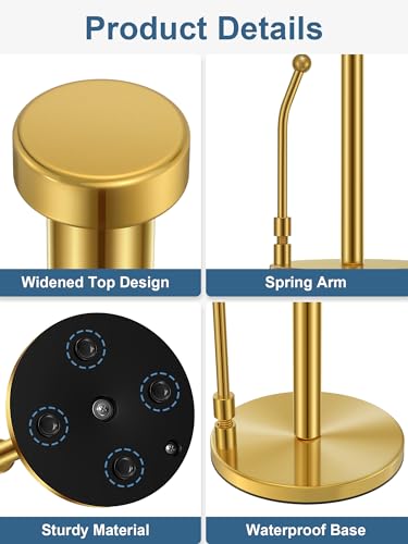 HEETA Kitchen Roll Holder, Free Standing Paper Towel Holder Weighted Base Non Slip, Spring Arm Fit Most Size Paper Roll, Stainless Steel Stand for Home Kitchen Countertop Tabletop, Gold - Image 6