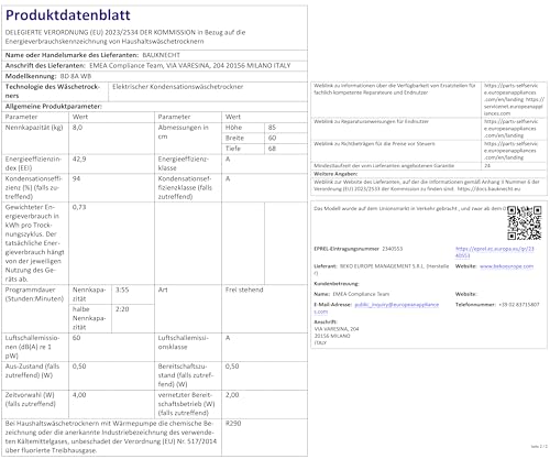 Bauknecht BD 8A WB Wärmepumpentrockner, 8 kg, IronEase - Bügelfrei, A-Noise – besonders leise, Precision Dry, Adaptive Dry, HomeWhiz App, Sport-Programm, Steam Therapy, Weiß