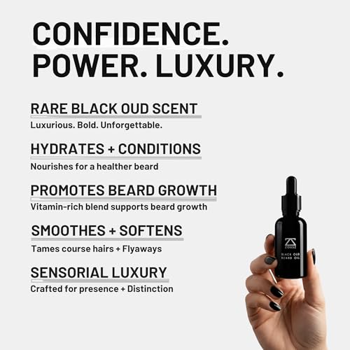 ZOUSZ Black Oud Beard Oil for Men – Premium Beard Growth & Conditioning Oil with Argan, Jojoba & Avocado – Softens, Strengthens & Moisturizes – Non-Greasy Vegan Beard Care – Luxury Scent – 30mL