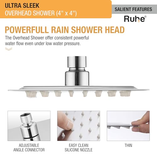 Image of Ruhe Ultra Sleek 304-Grade Stainless Steel Overhead Shower with Chrome Finish| 4x4 Inches Rain Shower for Bathrooms| Powerful Square Showerhead with Easy-to-Clean Silicone Nozzles| WITHOUT SHOWER ARM