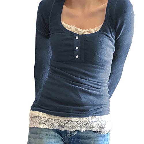 Fairy Grunge Tops Y2k Women Long Sleeve Slim Fitted Square V Neck Crop T Shirts Lace Patchwork 00s Teen Girls Tees (Blue Lace Trim, S)