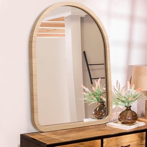 Image of HLFMVWE Mirrors for Wall Arch Wood Framed Mirror 20"x16" Decorative Wall Mirror for Bathroom Bedroom Living Room Entryway Hallway Large Natural