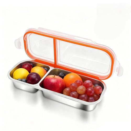 Image of Reusable Stainless Steel Snack Containers with Lids, Double /2 Compartment Stainless Steel Snackle Box Container for Adults, Divided Snack Food Storage Containers for School, Travel (2 Compartment)