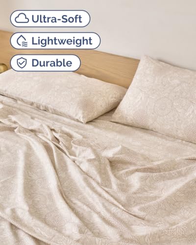 Image of Twin 3 Piece Floral Sheet Set - Soft, Breathable & Cooling - Beige Floral