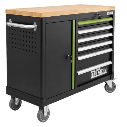 Werkstattwagen DELUXE 6 Schubladen + Tür bestückt Werkzeugwagen 130 tlg. Assistent | Arbeitsfläche 108x46,5cm Massivholz Gummibaum