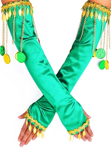 GEMILY Long St. Patrick's Day Gloves Green Fringe Fingerless Sequin Gloves Irish Glitter Arm Sleeves Rave Accessories for Women (Coin)