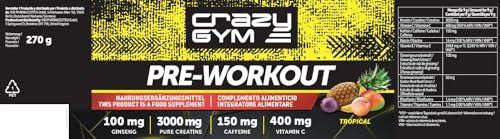 Crazy GYM Pre-Workout – Complemento alimenticio con Creatina, Cafeína, Extractos de Ginseng y Rhodiola, Vitaminas C, E, B1, B2 y Niacina – (30 Porciones) – Sabor agradable (Frutas Tropicales)