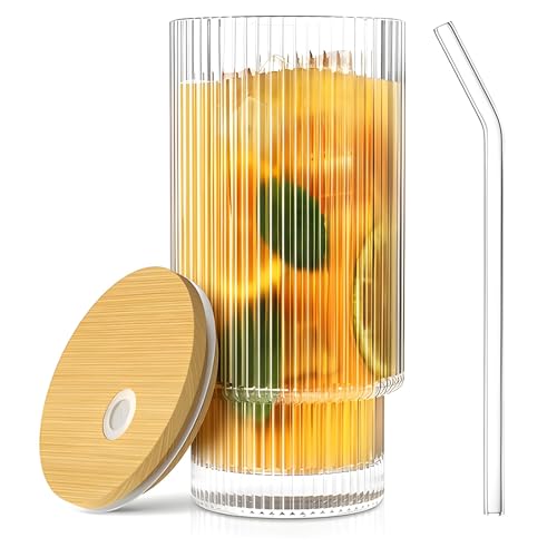 Image of Premium Ribbed Glass Tumbler with Bamboo Lid & Straw - 300ml, Set of 1, Drinking Glass Cup, Borosilicate Glass Iced Coffee Cup for Bubble Tea, Smoothies, Juice, Water, Cold Drinks & Daily Use