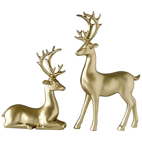 LOVHOT 2Pcs Christmas Reindeer Figurines Decor, Sitting & Standing Deer Statues Elk Resin Figurine for Home Table Decor (Golden, One Size) Cover