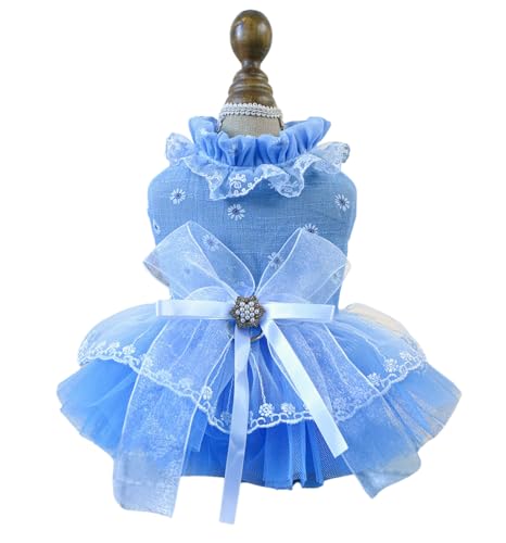 Image of HDKUW Small Dog Dress, Girl Puppy Lace Princess Skirt Tutu Dress with Bowknot,Chihuahua Yorkie Clothes Outfit for Birthday Wedding Party Blue Daisy XS