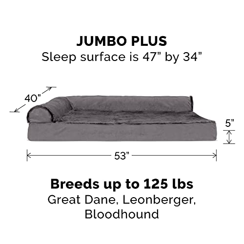 Image of Furhaven Cooling Gel Dog Bed for Large Dogs w / Removable Bolsters & Washable Cover, For Dogs Up to 125 lbs - Plush & Velvet L Shaped Chaise - Platinum Gray, Jumbo Plus /XXL
