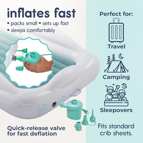 Image of Hiccapop Inflatable Toddler Travel Bed with Safety Bumpers [4-Sided], Portable Toddler Bed for Kids, Toddler Air Mattress, Kids Air Mattress - Misty Blue