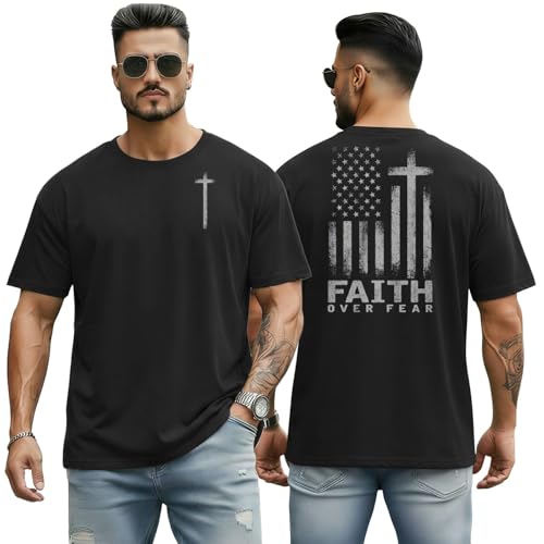 Jesus Christian Shirts for Men Faith Over Fear Cross America Flag 250 Years Anniversary Independence Day Patriotic Tshirts Black XL
