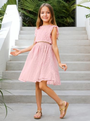 ALLOVIN Toddler and Girls Vintage Boho A-Line Lace Dress with Belt Pom Pom Trim Birthday Party Dress 3-11 Years3