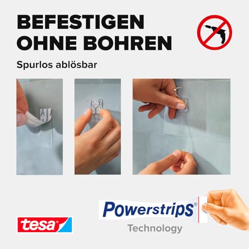 tesa Powerstrips Klebehaken Small - selbstklebende Haken mit abnehmbarem Drahthaken - wiederverwendbare Wandhaken für Bad oder Küche - Montage ohne Bohren - Transparent - 3 x Haken, 4 x Powerstrips