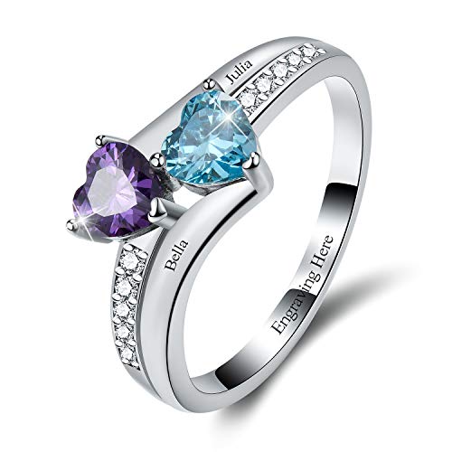 Madeone 925 Sterling Silver 14K Gold Plated Anniversary Rings Promise Rings Engagement Rings Wedding Bands Personalized Mother Ring with 2 Heart Birthstone 2 Names and 1 Engraving Customized Rings (5)