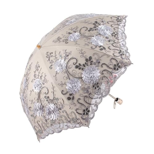 URFEDA Gesticktes Vintage Spitze Sonnenschirm Regenschirm, Faltbarer Reiseschirm Bestickter Sonnenschirm Taschenschirm UV-Schutz Spitze Parasol Frauen Doppelter Sonnenschirm Hochzeit Brautschirm