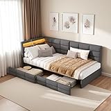 PerGar Polsterbett Schlafsofa 90x200 mit LED, Jugendbett mit Stauraum, Tagesbett mit 2 Schubladen, Einzelbett, Bett mit Lattenrost, Stauraumbett, Kinderbett, Ohne Matratze, Leinen, Grau