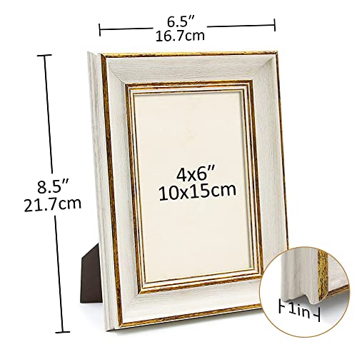 Sapowerntus Vintage 4X6 Picture Frame White Distressed Gold Edging Photo Frames Set Antique Farmhouse Real Glass Wall Hanging Tabletop Display Home Decor Wooden Grain Unique Gift #TOP4