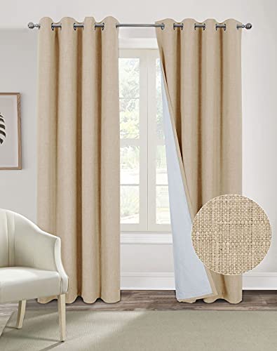 always4u Rideau Occultant Isolant Thermiques en Faux Lin, Rideaux Occultant 100%, Double Rideaux Salon Moderne à Oeillets, Tissu Doux Infroissable Bon Teint, Beige 140x245cm Lot de 2