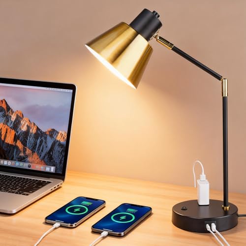 Image of Modern Desk Lamp with USB & AC Outlet,270 Swivel (Bulb Not Included) | Adjustable Industrial Table Lamp,E26 Socket for A15 /G45 /T45 Bulbs,Weighted Base,Bedside Lamp for Bedroom, Office, Living Room