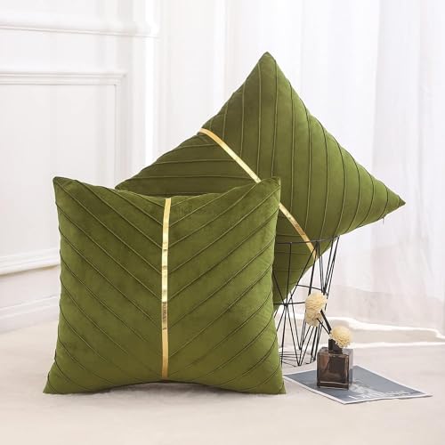 Tosleo Olive Green Velvet Throw Pillow Covers 24x24 Pack of 2 with Gold Leather,Decorative Couch Pillowcases Luxury Modern Pillow Cover for Living Room Bedroom Sofa Cushion Bed 60x60cm - Image 3