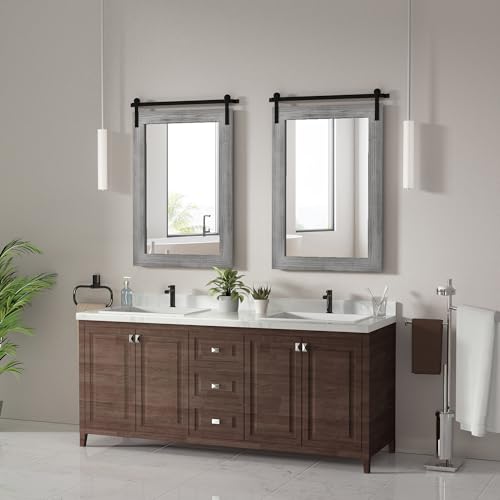 Image of COGOOD Farmhouse Bathroom Mirror - 42 x 29 Rustic Barn Door Style Mirror for Living Room, Entryway, Vanity Wall Decor (Grey)
