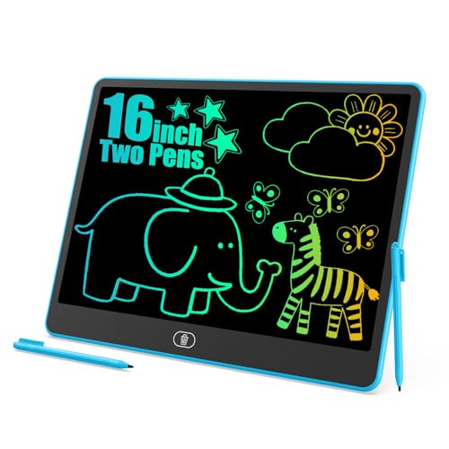 LCD Schreibtafel Kinder mit Zwei Stiften Zaubertafel 16 Zoll Umweltfreundlich Heller Bunten Schrift Pad Lernspielzeug Geschenke für 3-8 Jährige Mädchen Jungen (Blua)