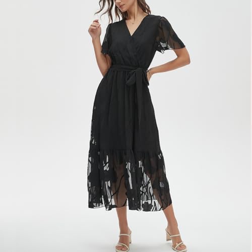 Image of Women's Summer Bohemian Floral Chiffon Dress Cap Sleeve V Neck Ruffle Long Flowy Boho Casual Vacation Dresses
