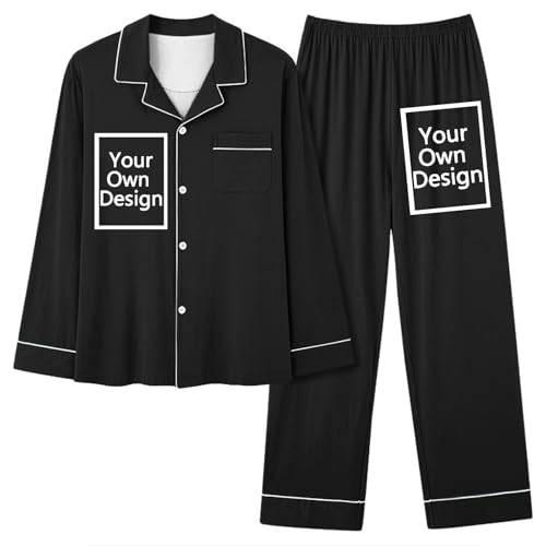 Image of Your Own Design Custom Pajama Womens Printed Pajama Set Long Sleeve Top Lapel Neck (1 Top + 1 Pants) Personalised Pajama with Any Text/Logo Customised pajama for Women/Men/Couples