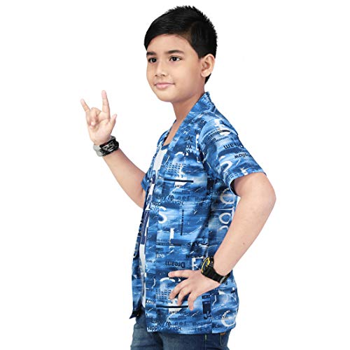 Image of Boy's Half Sleeve Cotton White Printed T-Shirt with Blue Jacket Shrug Look Smart and Comfortable for Any Casual and Festive Purpose (13-14 Years)