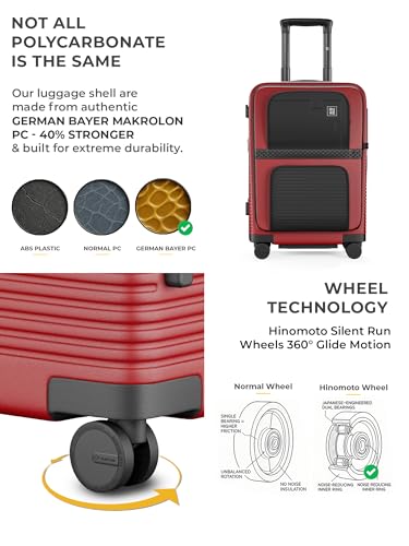 Image of EUME Aerotop Cabin Trolley Bag Small | Top Open Suitcase | Expandable Hard Polycarbonate Luggage | TSA Lock, Anti Theft Zipper, Silent Wheels | 16 inch inch Laptop Holder + Charging Port | 50L Red