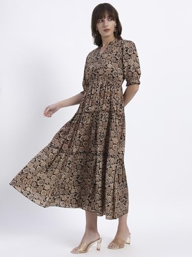 Image of Women's Fit and Flare Dress I Pure Cotton Long Summer Maxi Dress I V-Neck I Casual Wear I Printed Kalamkari Floral Middi