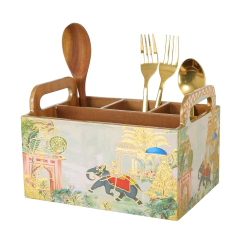 Image of Multipurpose MDF Wooden Cutlery Holder| Enamel Coated |Waterproof Spoon Stand with 4 Compartments for Kitchen, Dining Table & Home Decor (Red Elephant)