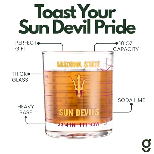 Image of Greenline Goods Arizona State University Sun Devils Whiskey Glasses Set of 2, 10 oz Rocks Glasses with Full-Color Logo & Campus Map - Officially Licensed Bourbon Glass Gift for Alumni & Fans