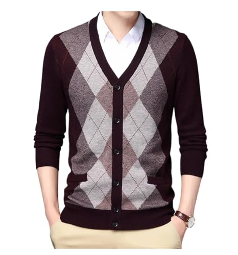 Men's Spring Fall Argyle Patchwork Knit Cardigan V-Neck Smart Slim Fit Knitted Sweatercoat