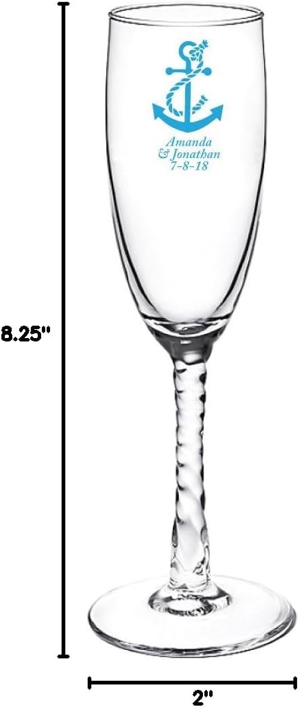 Personalized Color Printed Twisted Stem Champagne Flute - Anchor - Blue - 12 pack