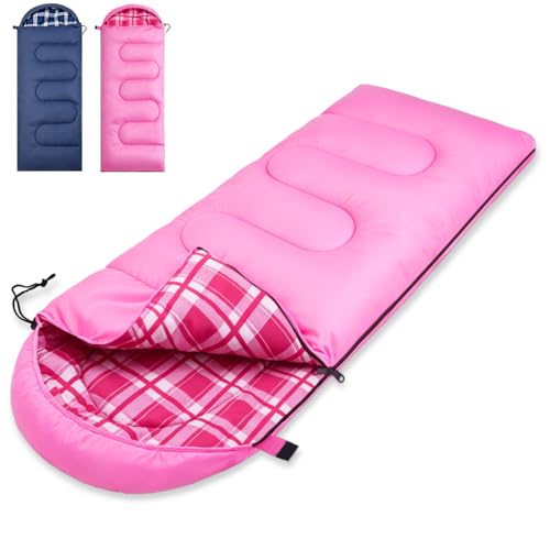 Uniqwamer 0 Degree Cotton Flannel Sleeping Bag for Adults Kids - 4 Seasons Cold & Warm Weather Lightweight Waterproof Camping Sleeping Bags for Traveling Hiking Camping (14- 68 Pink)