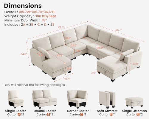 Image of CHIC HOUSE Modular Corner Sectional Sofa with Storage Ottoman, Corduroy L-Shaped Couch, Compact Small Space Furniture for Living Room & Apartment, (Beige, 9 Seater L-Shaped)