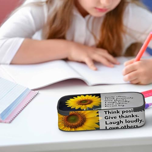 Image of Sunflower Pencil Case Smile Often Think Thanks Laugh Loudly Bright Yellow Flower Pencil Bag Pen Markers Pouch Holder Organizer for Boy Girl School Students