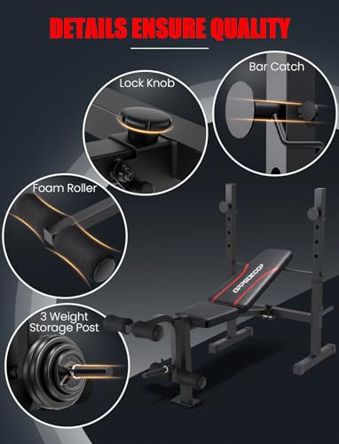 OPPSDECOR Weight Bench, 600LBS Adjustable Bench Press with Squat Rack & Leg Extension, 3 Sec Folding Workout Bench for Full Body Exercise, Incline Decline Flat Weight Benches for Home Gym Exercise