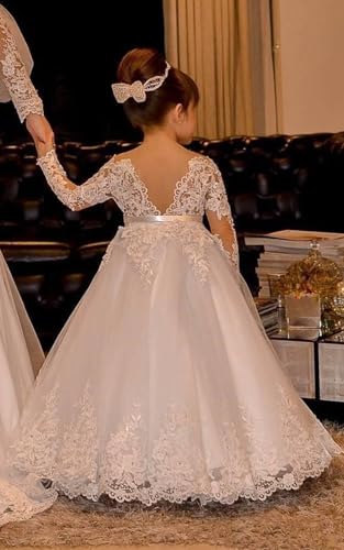 Lace Flower Girl Dress for Wedding Long Sleeve Pageant Dresses for Girls Tulle Ball Gown with Bow2