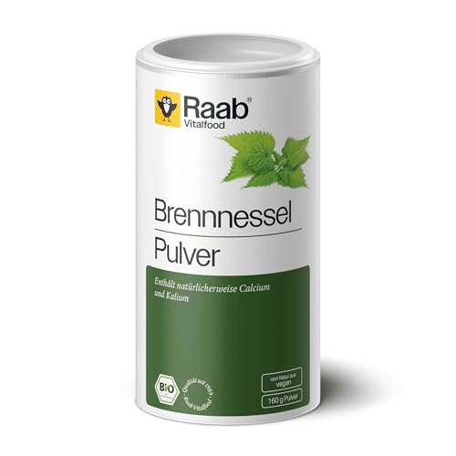 Raab Vitalfood Bio Brennnessel-Pulver mit natürlichem Calcium, Magnesium und Kalium, laborgeprüft, für Smoothies und Müsli, 160 g, Grün