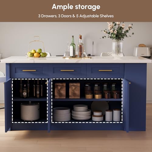 homary Blue Kitchen Island with Storage 72'' Kitchen Cabinet with 3 Drawers & 5 Shelves Island Table for Dining Room - Thumbnail 4