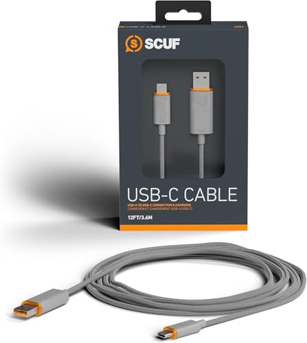 SCUF - SCUF USB-C Câble Tressé – Connexion et Rechargement USB Type-C de 3,6 Mètres/12 Pieds pour Manettes Xbox, Manettes PS5 et Smartphones - Gris Clair